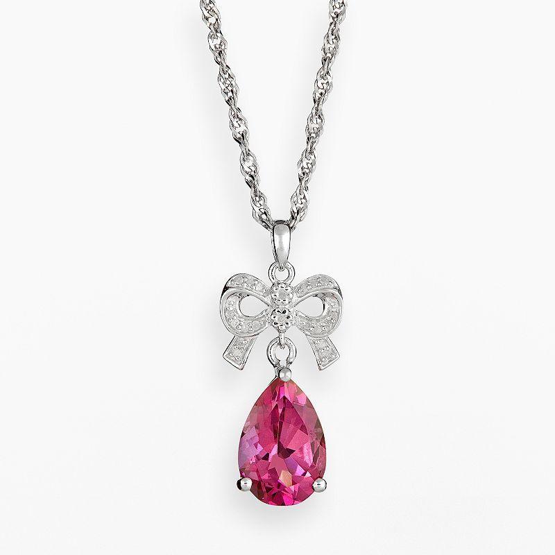 Celebration Gems Sterling Silver Pink Topaz and Diamond Accent Bow Pendant, Women's, Size: 18" Product Image