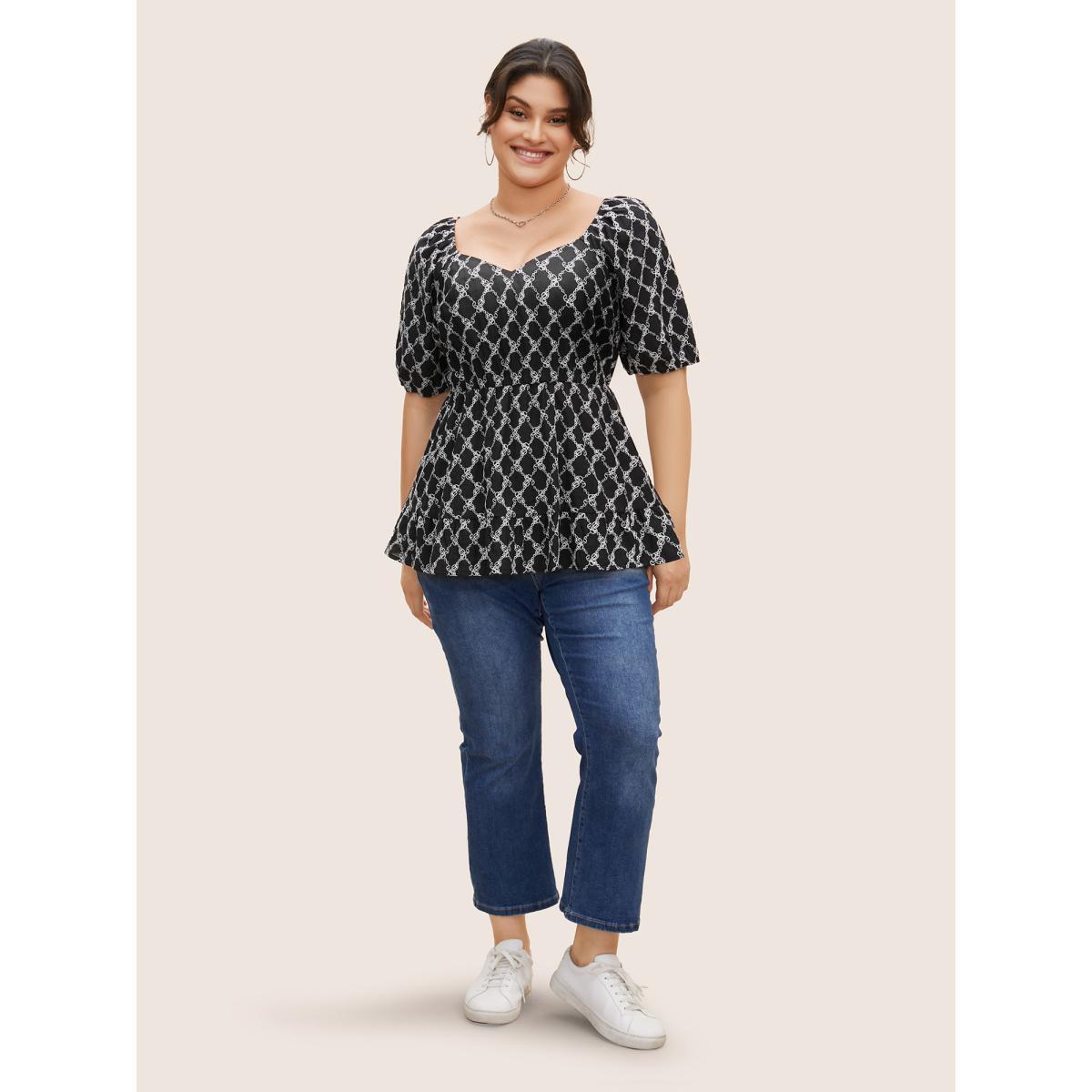Plus Size Black Embroidered Heart Neckline Lantern Sleeve Blouse Women Casual Short sleeve Heart neckline Everyday Blouses BloomChic 28/5X Product Image