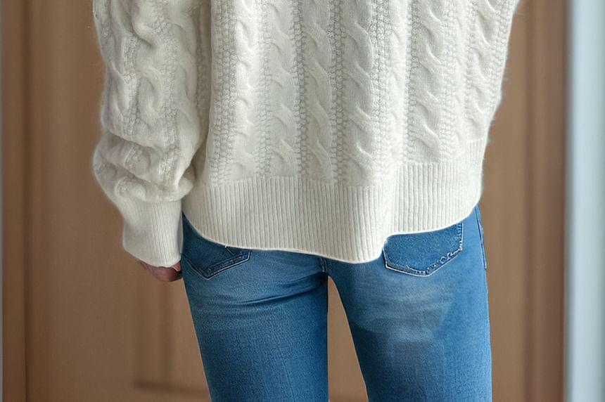 Crew Neck Plain Cable Knit Button-Up Cardigan Product Image