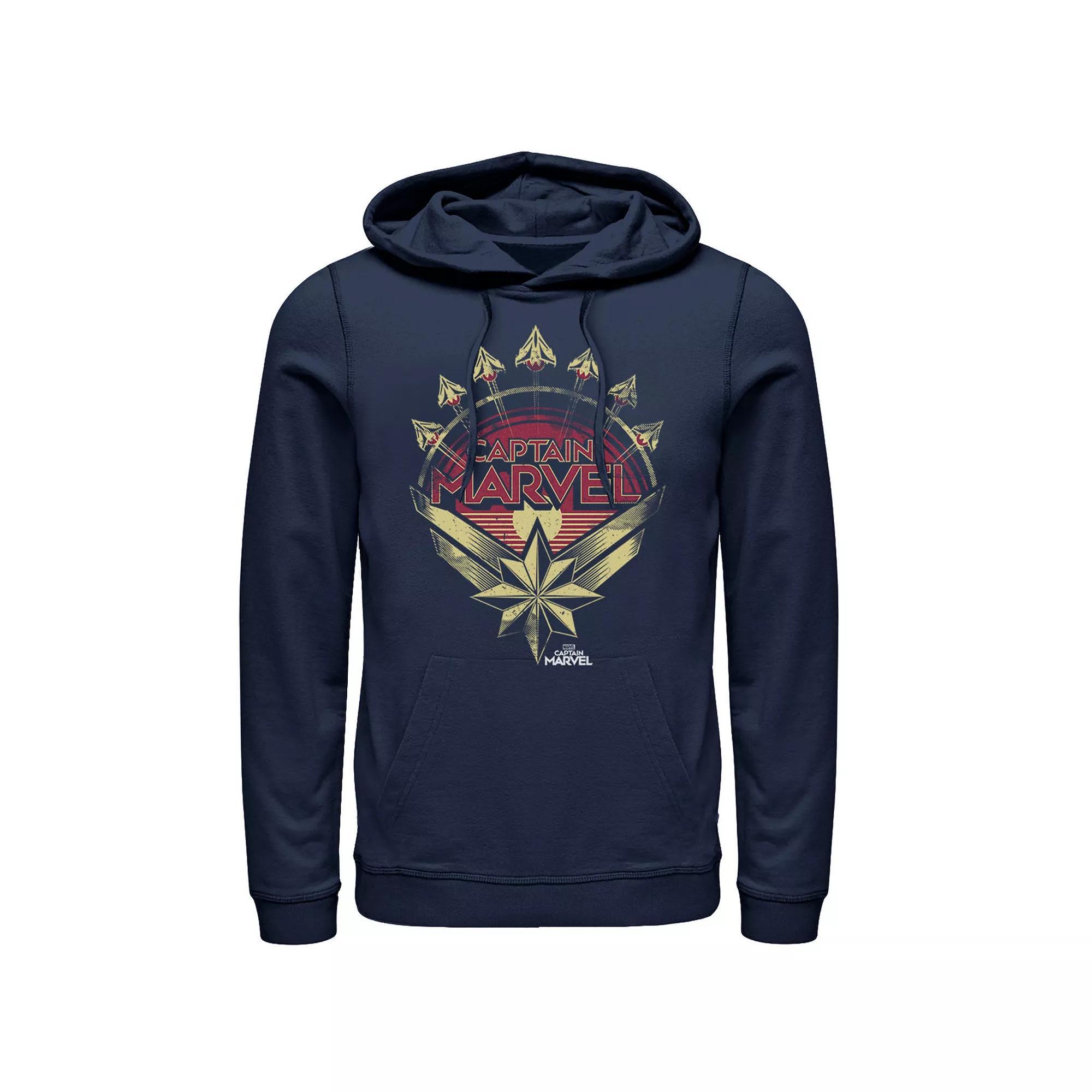 Men's Captain Marvel Plane Formation Title Logo Pullover Hoodie, Size: Medium, Blue Product Image