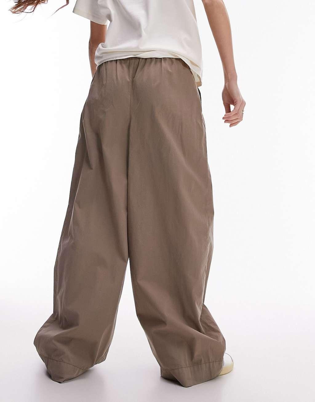 Topshop super wide leg pleated poplin pants in sand Product Image