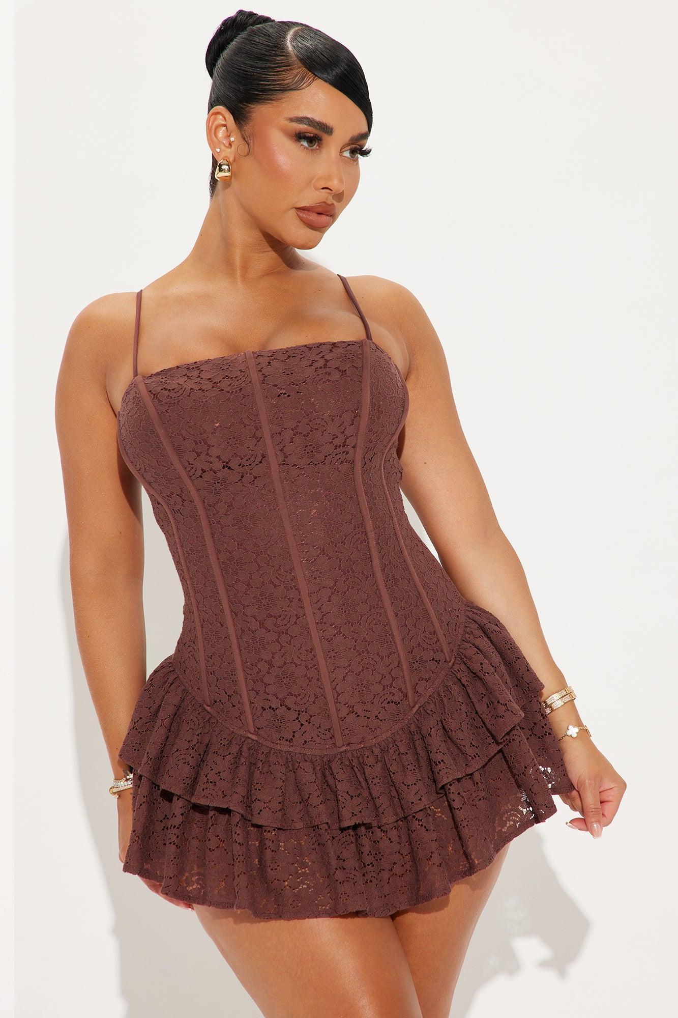 Lavish and Lovely Lace Mini Dress - Chocolate Product Image