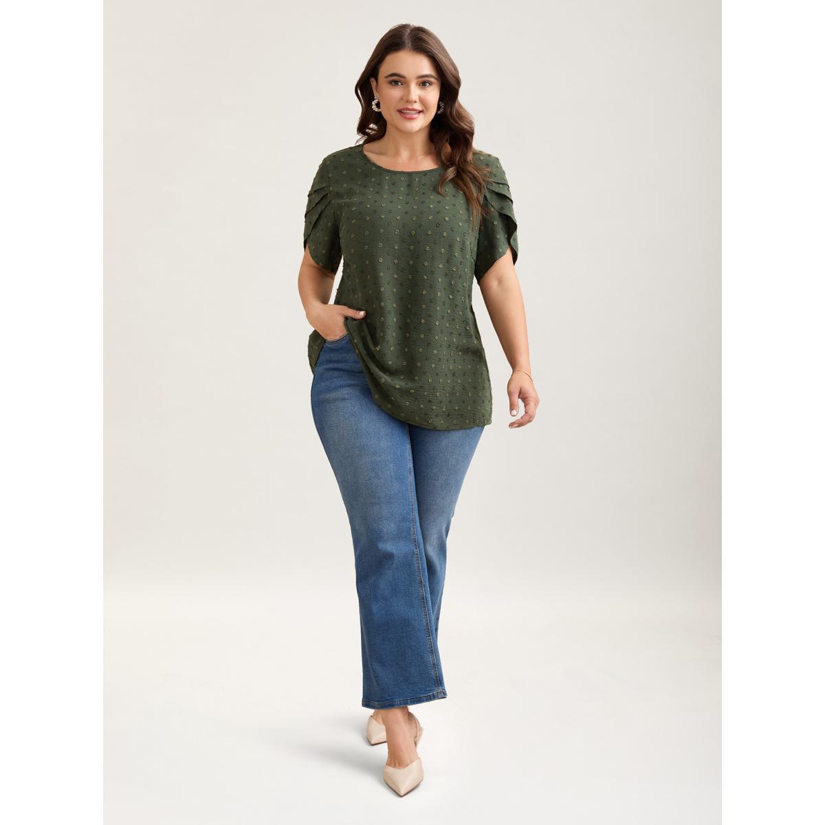 Plus Size ArmyGreen Textured Color Contrast Petal Sleeve Blouse Women Elegant Short sleeve Round Neck Everyday Blouses BloomChic 28/5X Product Image