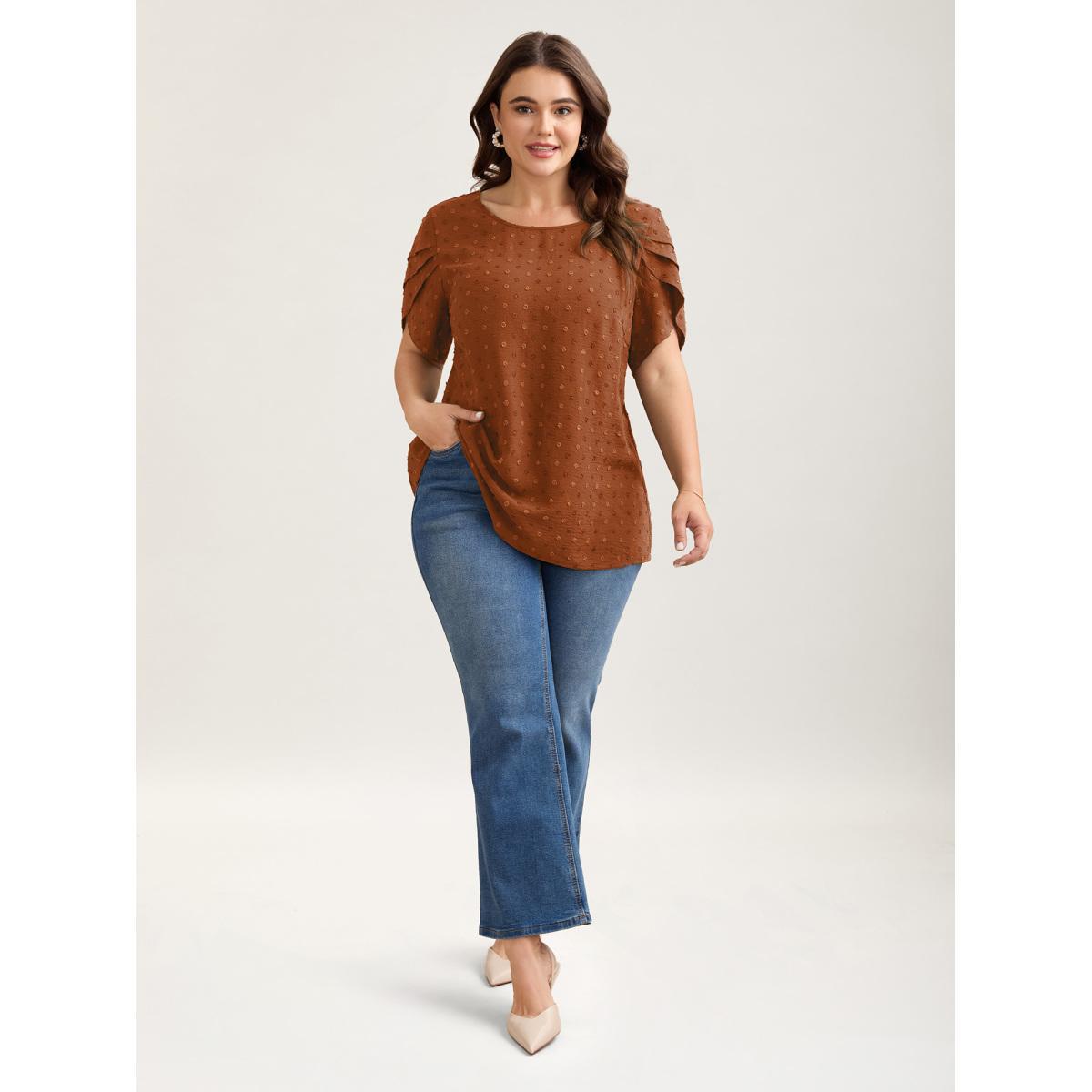 Plus Size Browncoffeecolor Textured Color Contrast Petal Sleeve Blouse Women Elegant Short sleeve Round Neck Everyday Blouses BloomChic 10/M Product Image