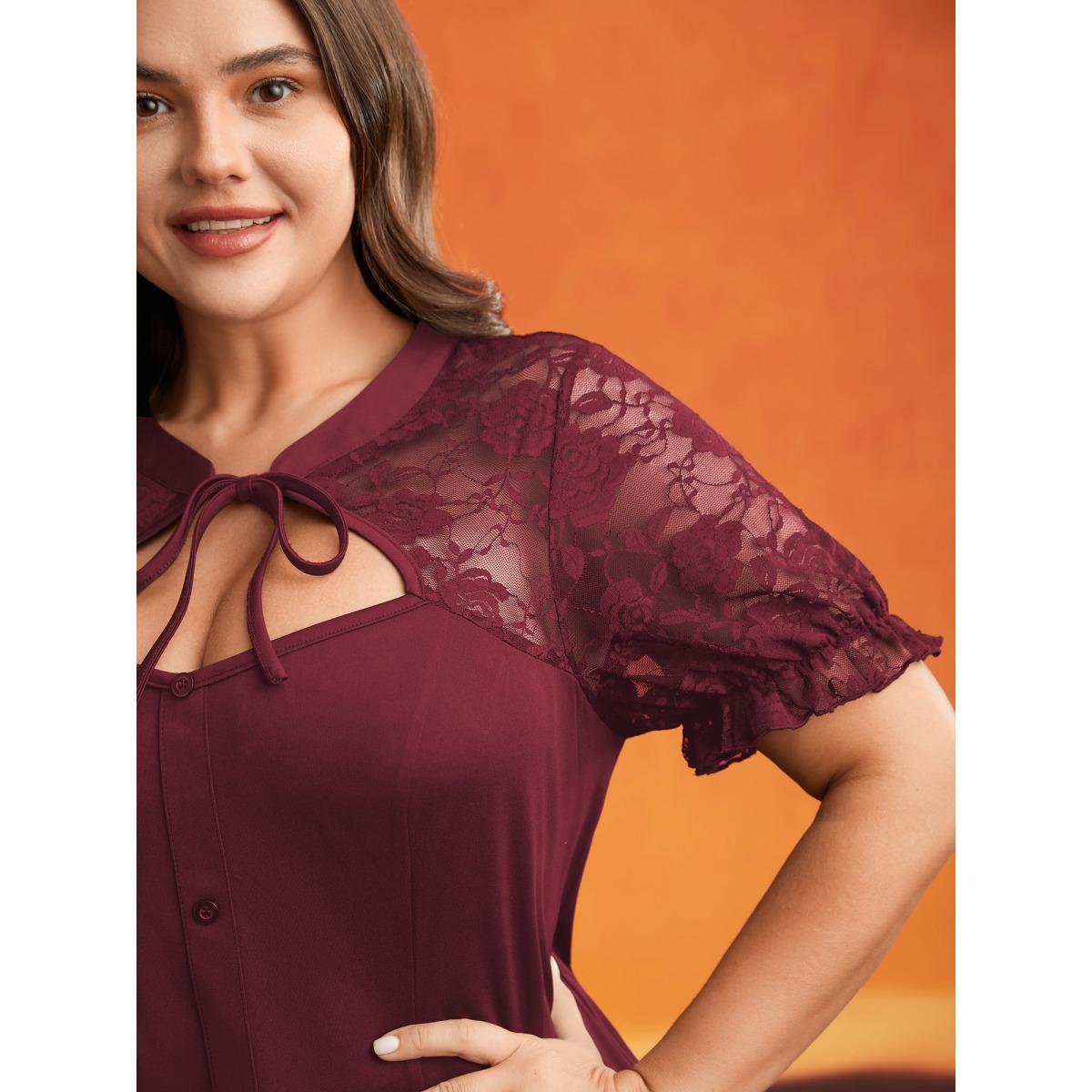 Plus Size Burgundy Lace Tie Cutout Neck Mesh Blouse Women Elegant Short sleeve Round Neck Everyday Blouses BloomChic 30/6X Product Image