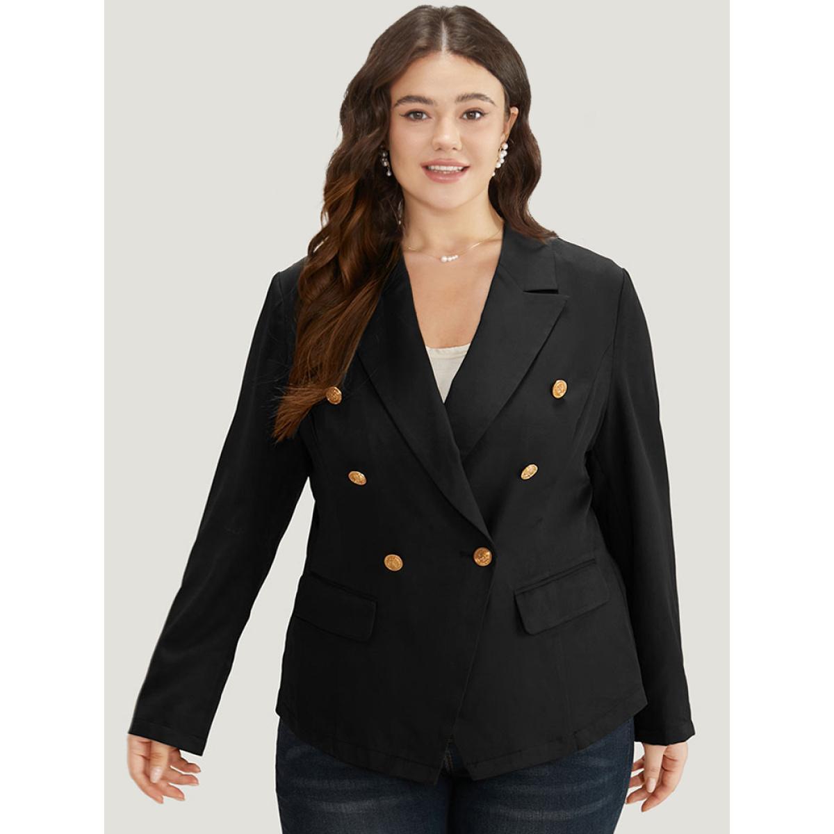 Plus Size Suit Collar Buckle Detail Pocket Blazer Black Women Work Plain Plain Sleeve Long Sleeve Suit Collar 30/6X Pocket Workwear Essentials Blazers BloomChic Product Image