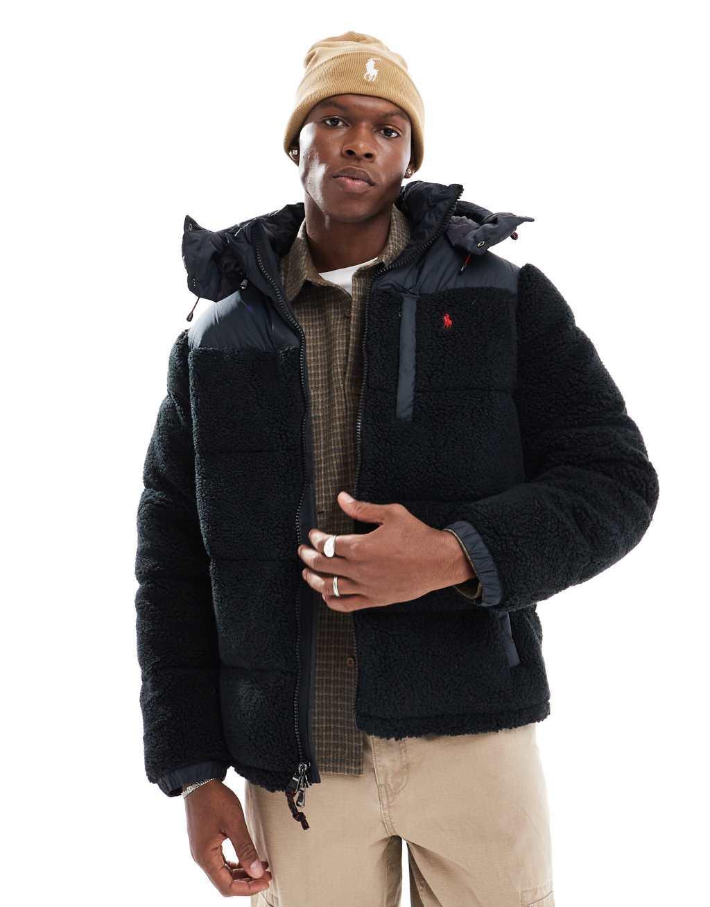Polo Ralph Lauren detachable hood borg down puffer jacket in black Product Image