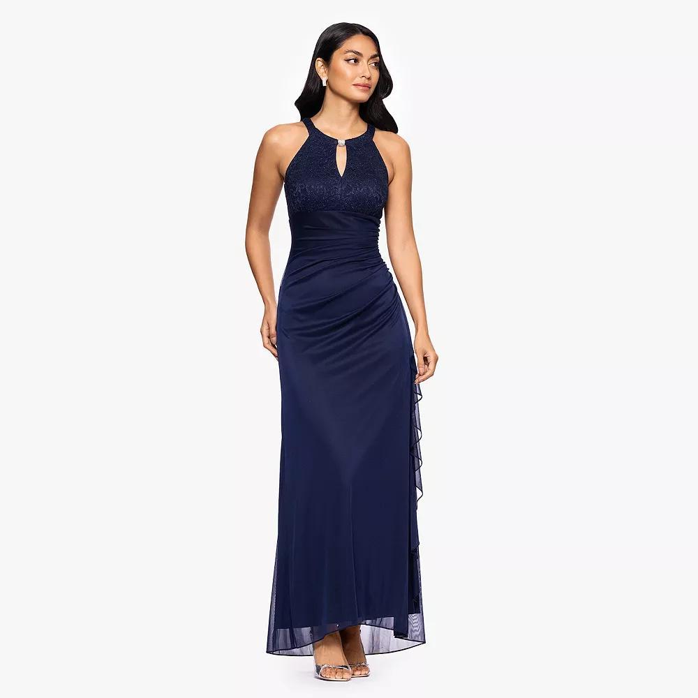 Women's BA Nites Long Sheer Matte Jersey With Lace Dress, Size: 14, Blue Product Image