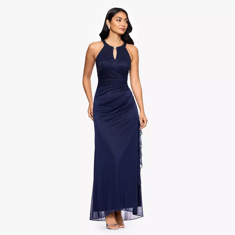 Women's BA Nites Long Sheer Matte Jersey With Lace Dress, Size: 14, Blue Product Image