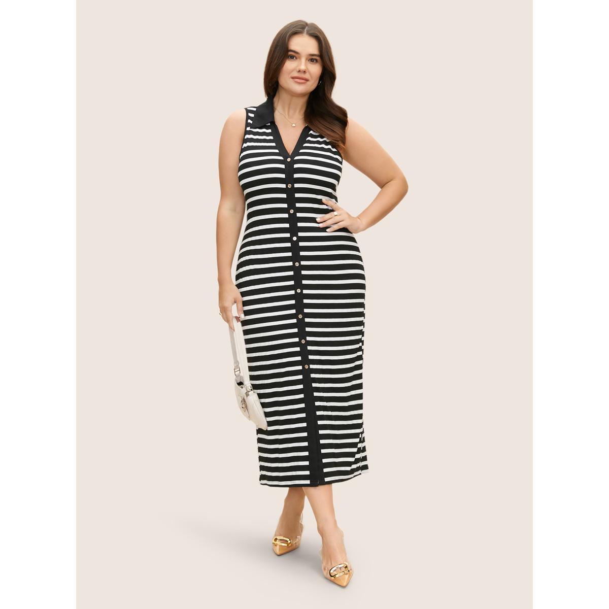 Plus Size Lapel Collar Striped Button Detail Midi Dress Black Women Work From Home Button Shirt collar Sleeveless Curvy BloomChic 18-20/2X Product Image