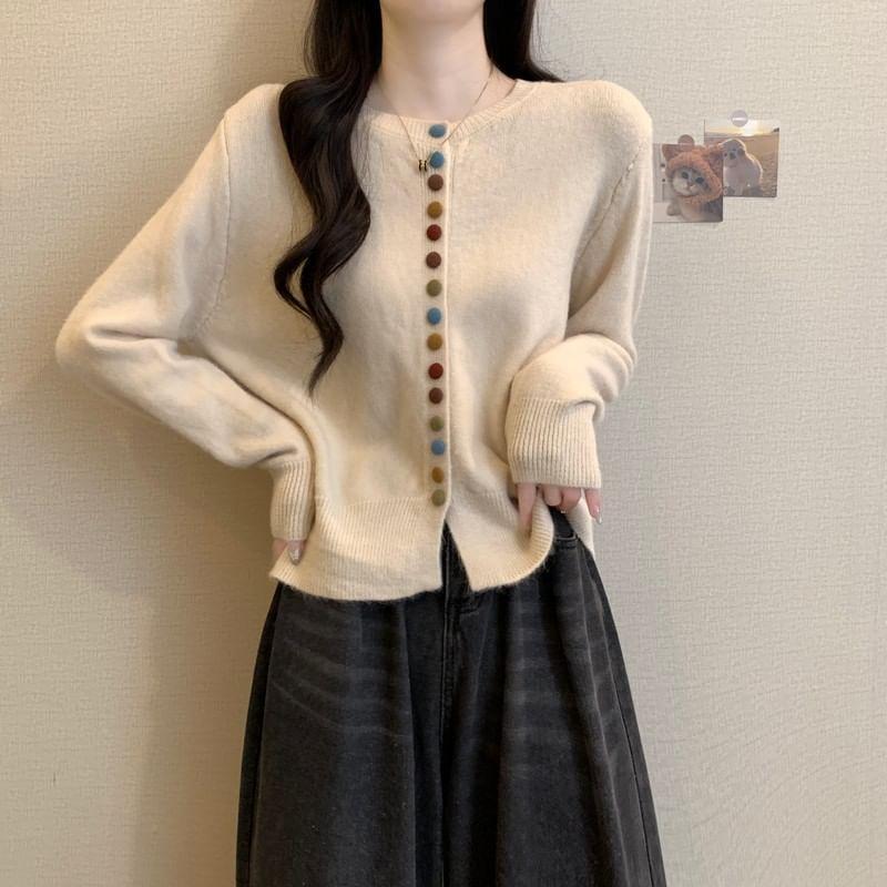 Crew Neck Plain Button-Up Cardigan Product Image