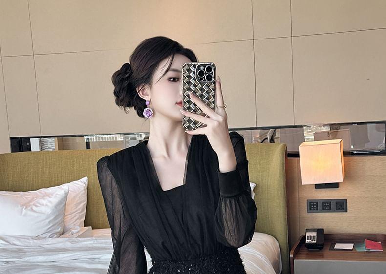 Mock Two-Piece Long-Sleeve Square Neck Plain Sequin Mini Sheath Dress Product Image