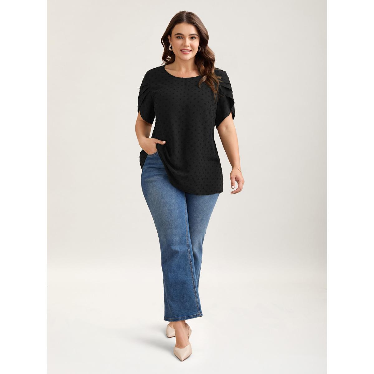 Plus Size Burgundy Textured Color Contrast Petal Sleeve Blouse Women Elegant Short sleeve Round Neck Everyday Blouses BloomChic 18-20/2X Product Image