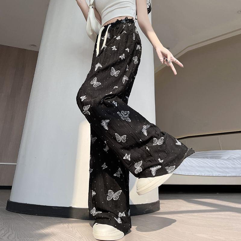 Drawstring Waist Butterfly Print Wide Leg Pants (Various Designs) Product Image