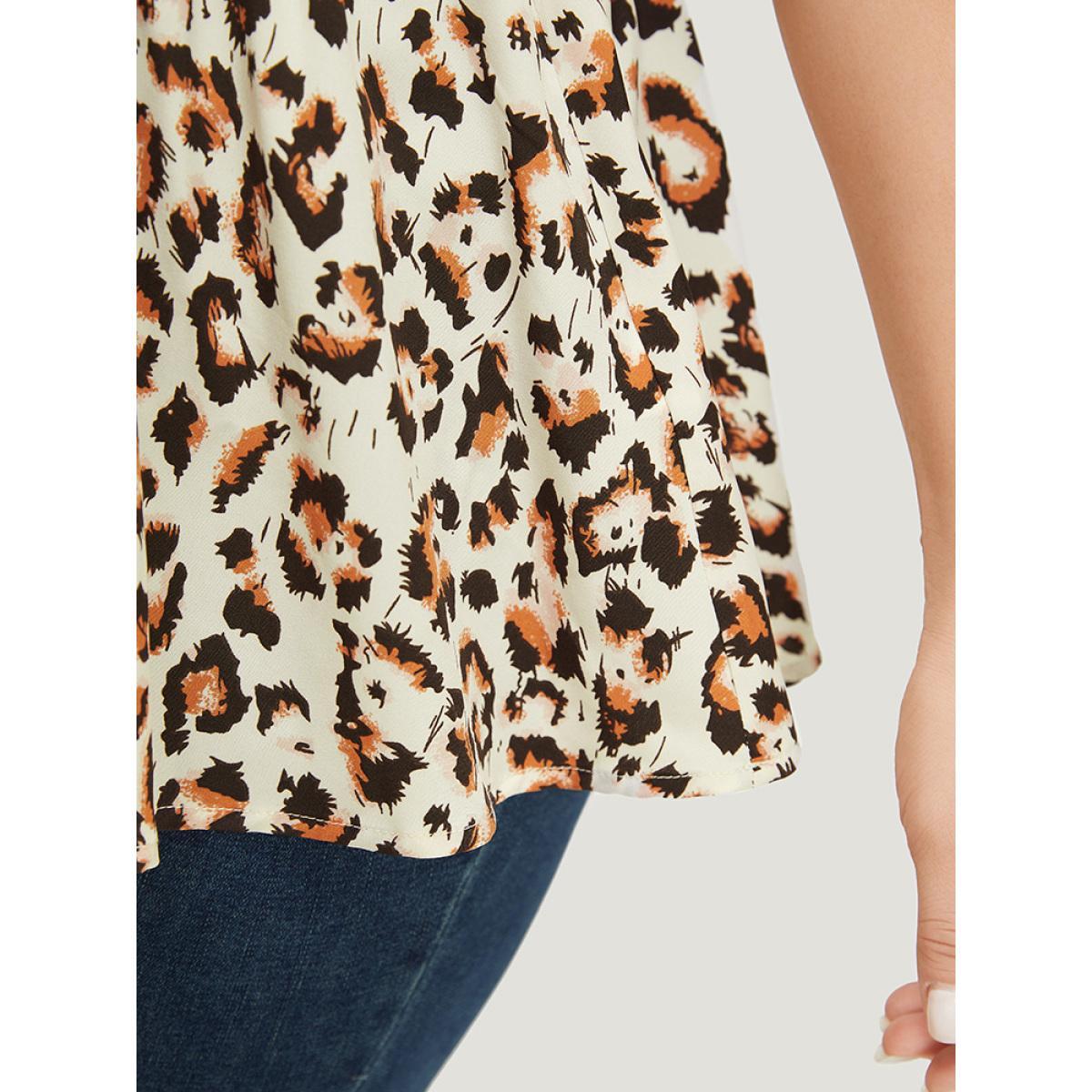 Plus Size Beige Leopard Print Shirred Puff Sleeve Ruffle Sleeve Blouse Women Glamour Short sleeve V-neck Going out Blouses BloomChic 14-16/1X Product Image