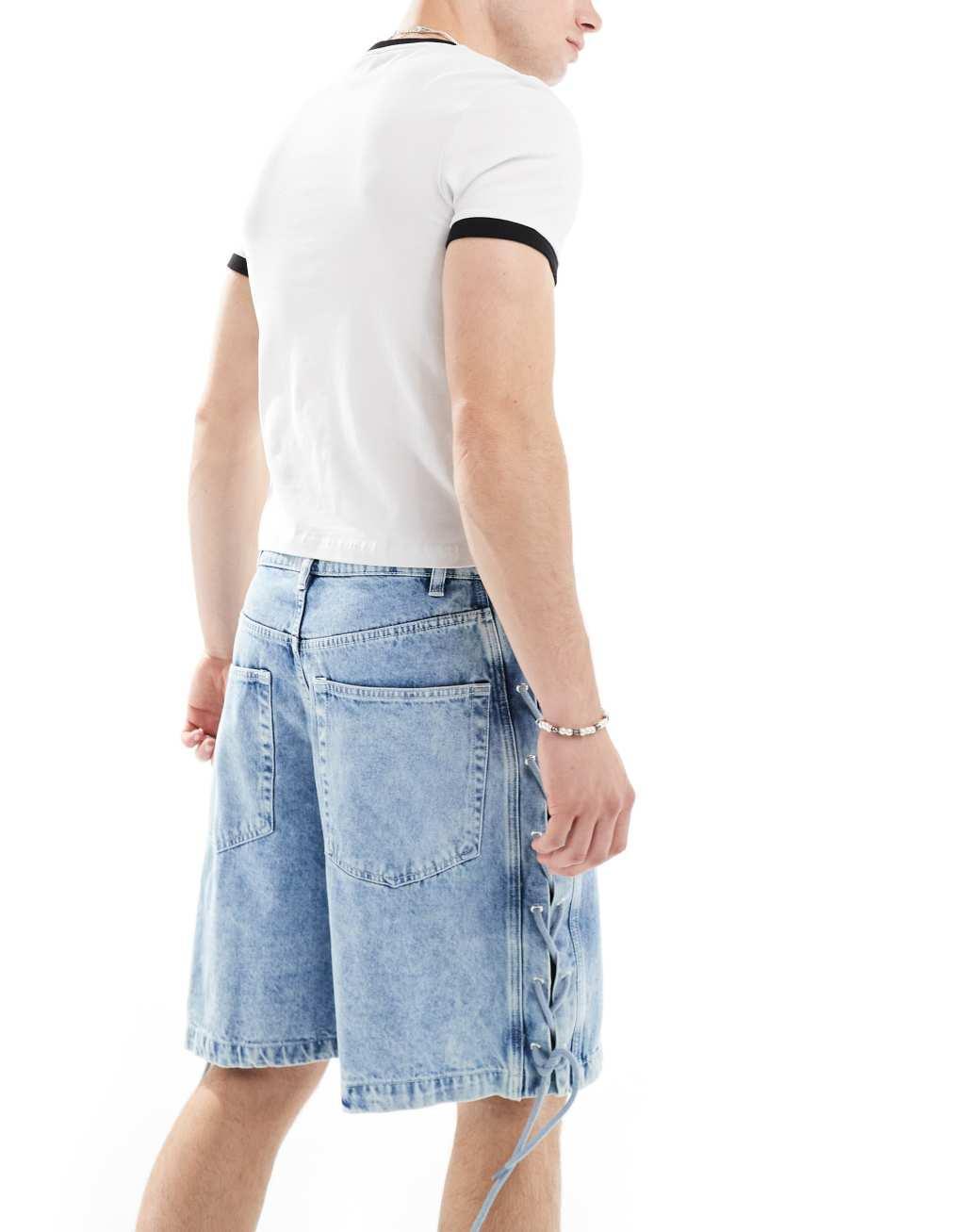 ASOS DESIGN standard length denim jorts with tie up detail in light wash blue Product Image