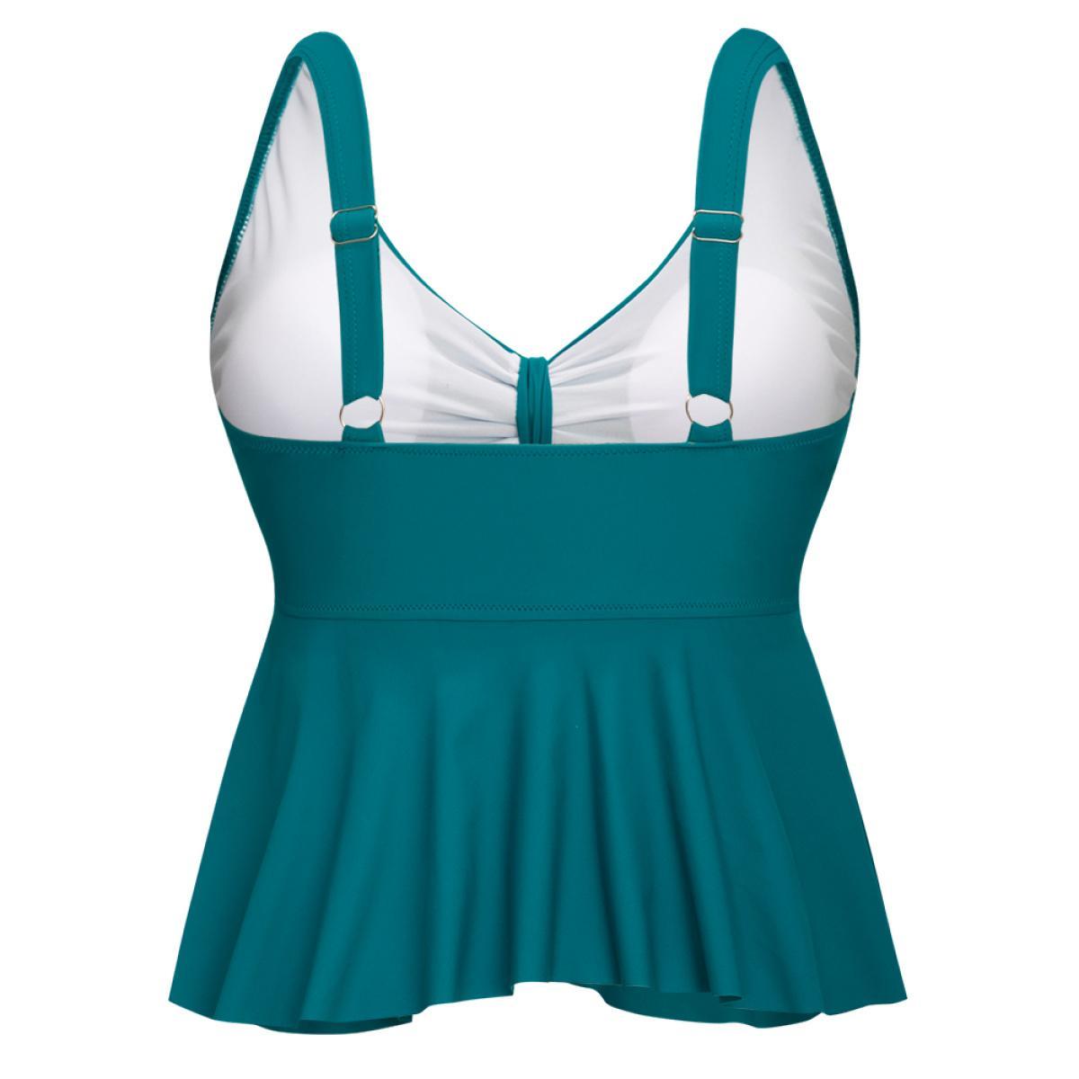 Plus Size Knotted Front Ruffles Adjustable Straps Tankini Top Women's Swimwear Cerulean Vacation Adjustable Straps High stretch Bodycon Deep V-neck Curve Swim Tops BloomChic 14-16/1X Product Image