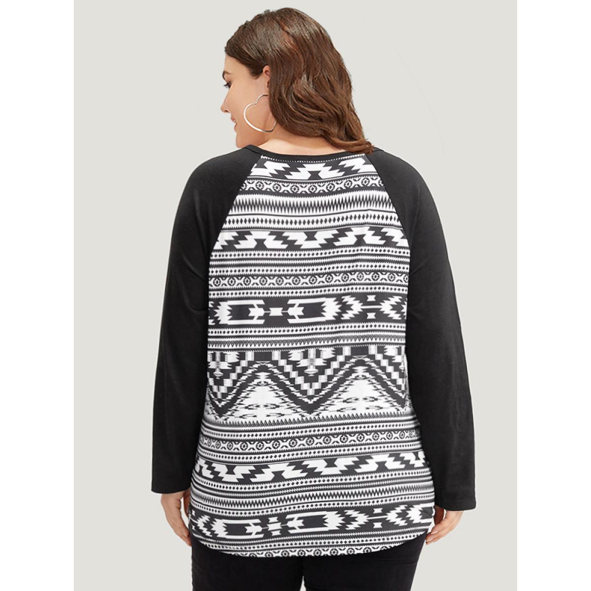 Plus Size Geometric Patchwork Button Down T-shirt Black Women Casual Contrast Geometric Open Front Dailywear T-shirts BloomChic 30/6X Product Image