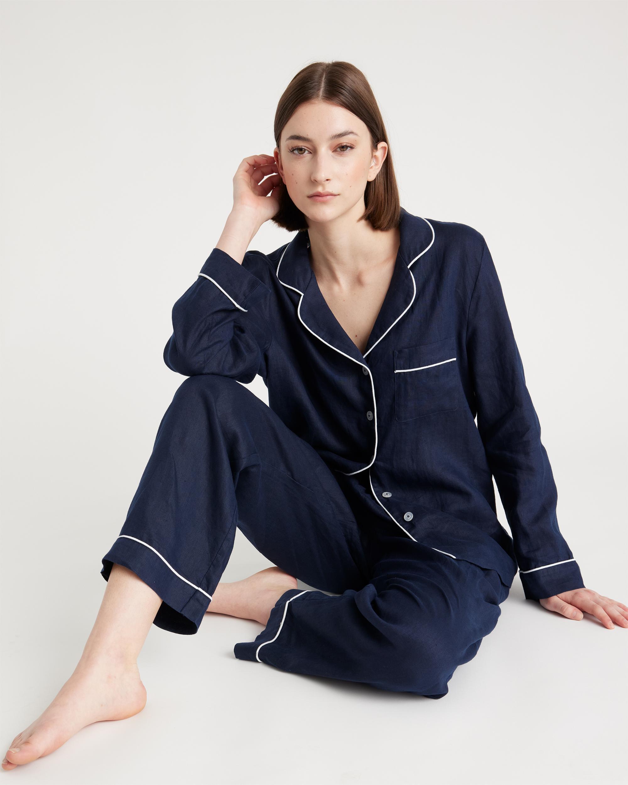 Quince | Women's 100% European Linen Long Sleeve Pajama Set with Piping Product Image