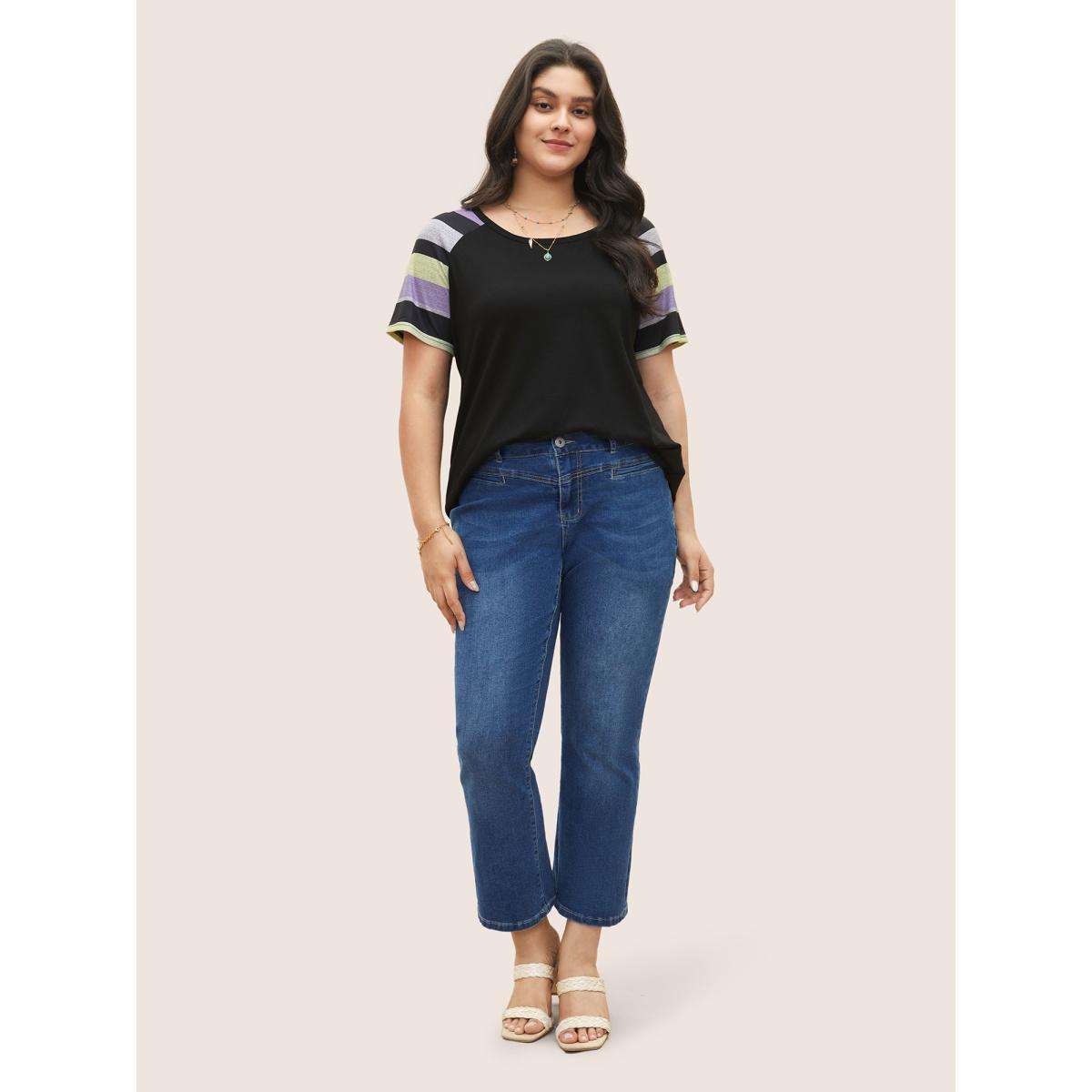 Plus Size Striped Contrast Raglan Sleeve Round Neck T-shirt Heather Women Resort Striped Round Neck Vacation T-shirts BloomChic 14-16/1X Product Image