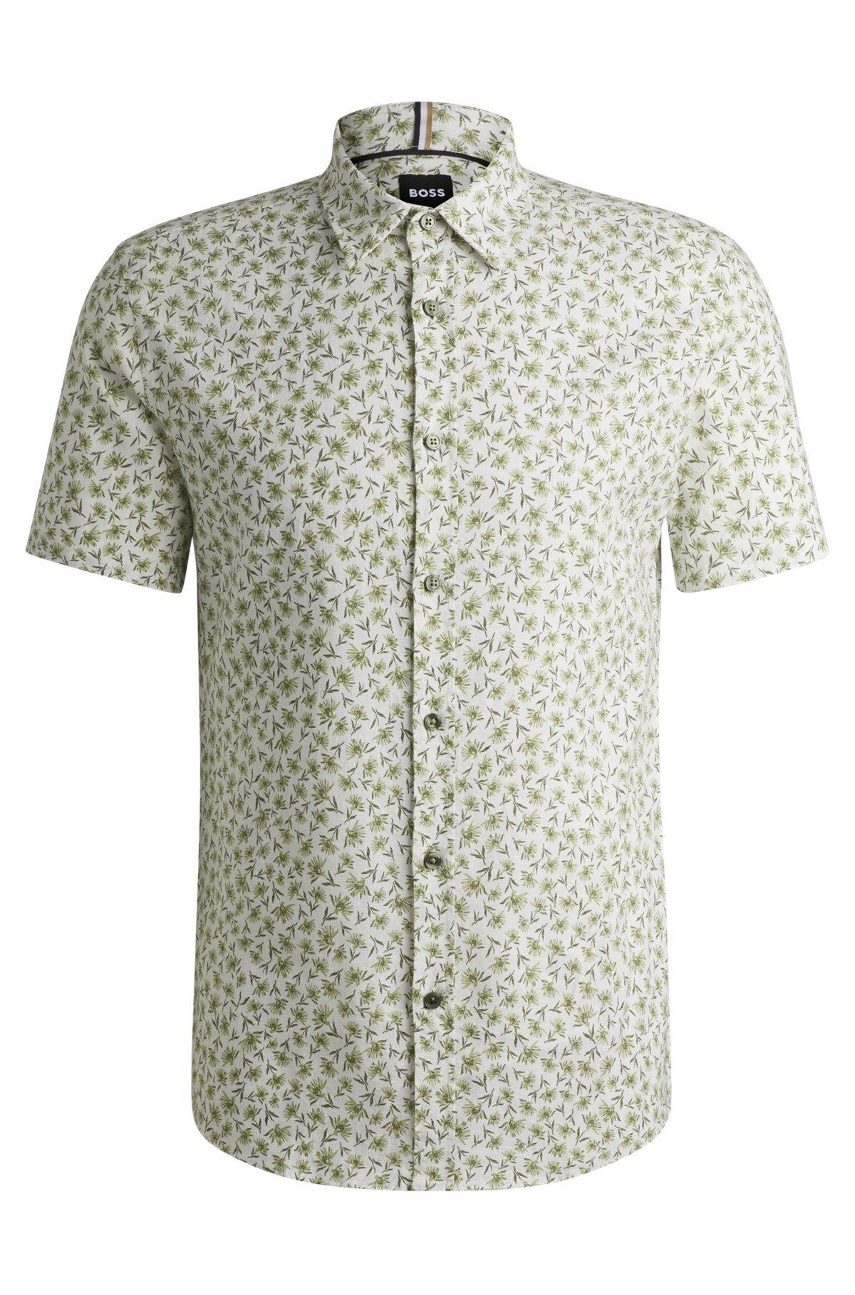 BOSS - Slim-fit shirt in floral-print stretch linen - Green Product Image