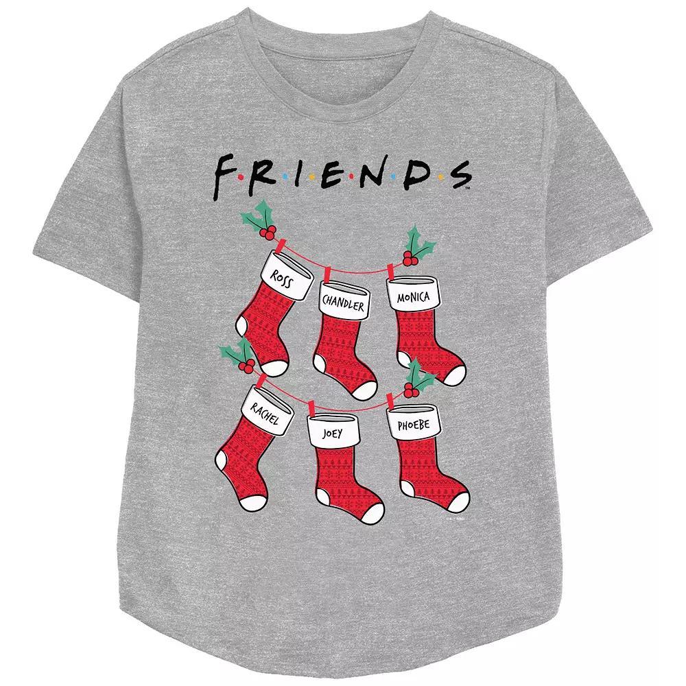 Women's Friends Christmas Stockings Relaxed Fit Graphic Tee, Size: Large, Athletic Grey Product Image