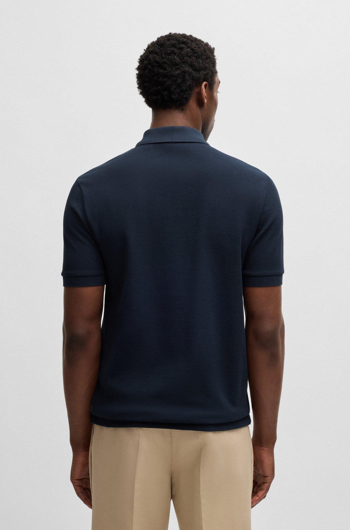 BOSS - Zip-neck knit polo shirt with waffle structure - Dark Blue Product Image