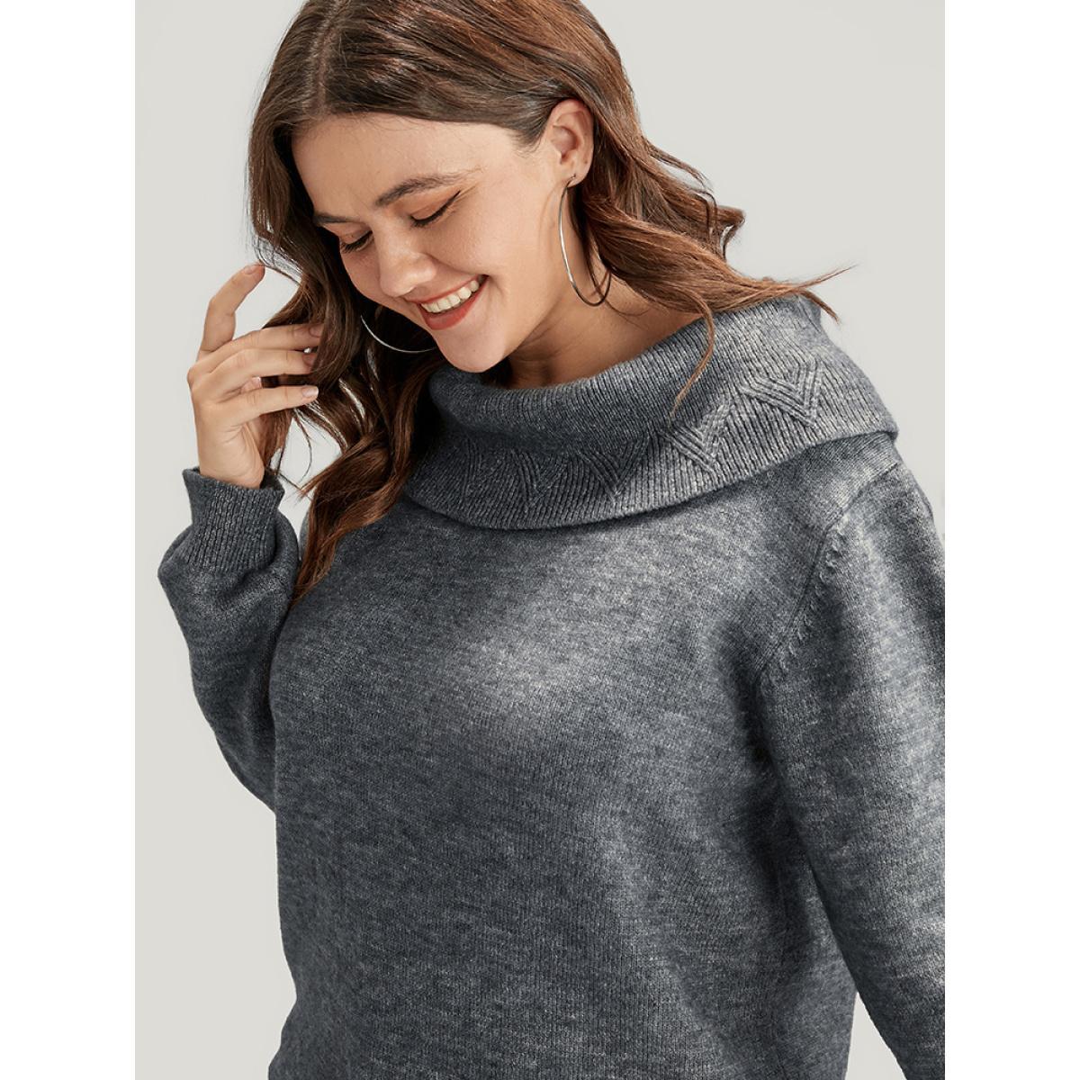 Plus Size Solid Pointelle Knit Foldover Off Shoulder Knit Top Gray Women Elegant Long Sleeve One-shoulder neck Dailywear Pullovers BloomChic 12/L Product Image