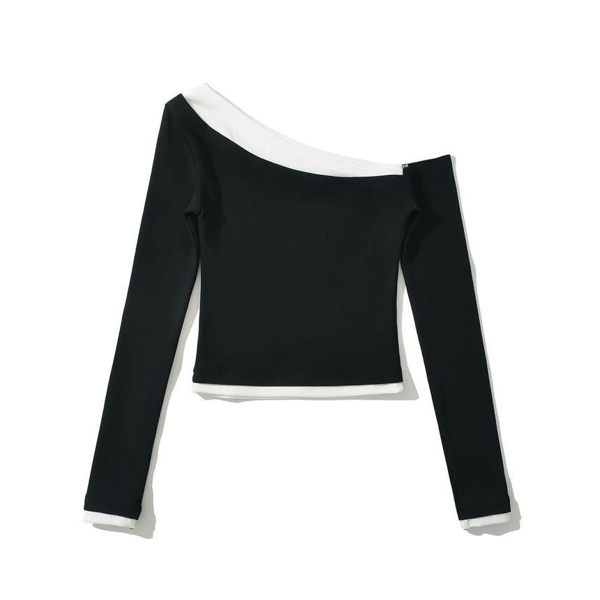 Long Sleeve One Shoulder Mock Two Piece Top Product Image