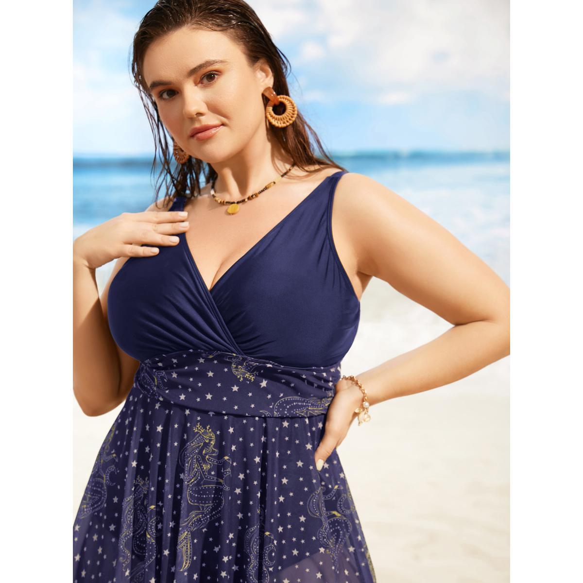 Plus Size Overlap Collar Moon & Star Patchwork Mwsh Swim Dress Women's Swimwear Indigo Beach Bodycon Overlap Collar High stretch Curve Swim Dresses BloomChic 22-24/3X Product Image