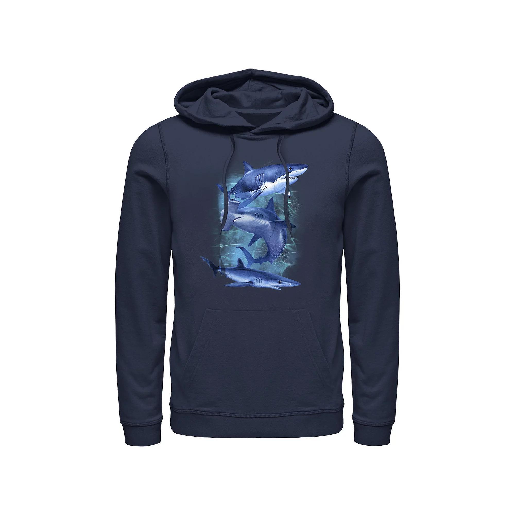 Men's Three Blue Sharks Graphic Hoodie, Size: XL Product Image