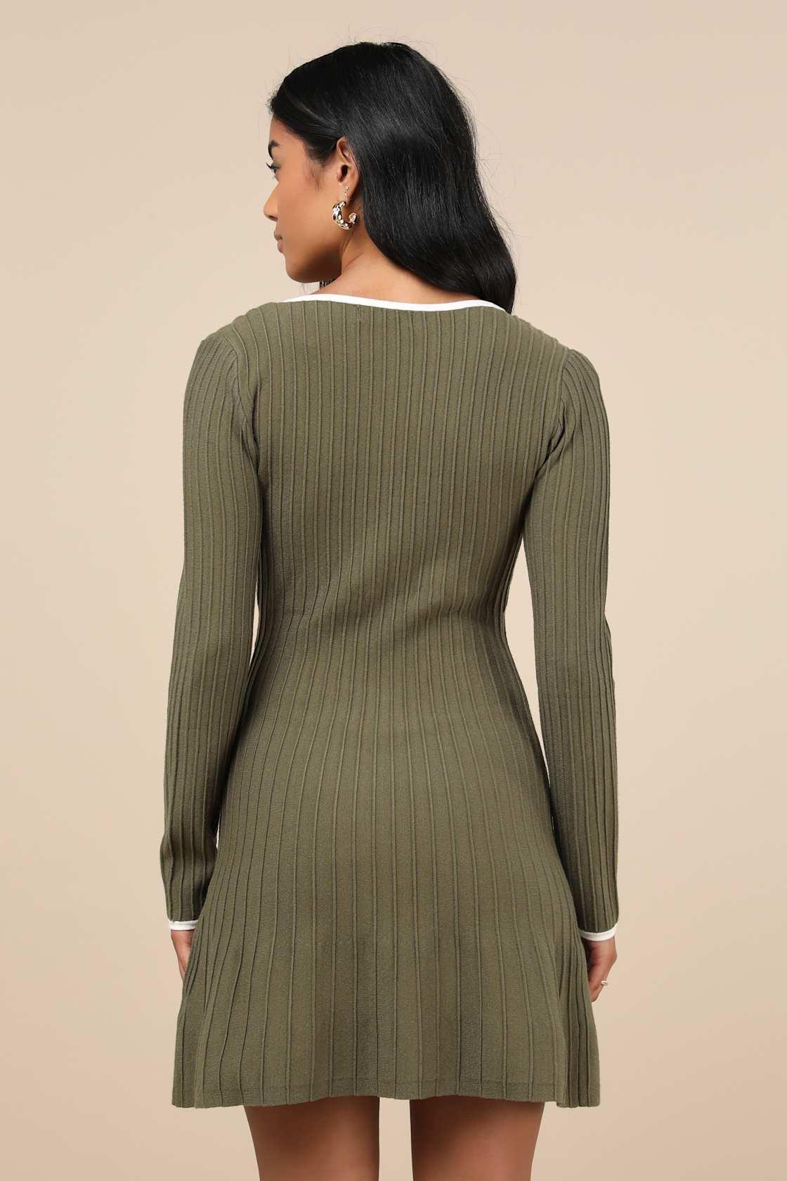 Cute Simplicity Olive Green Textured Mini Sweater Dress Product Image