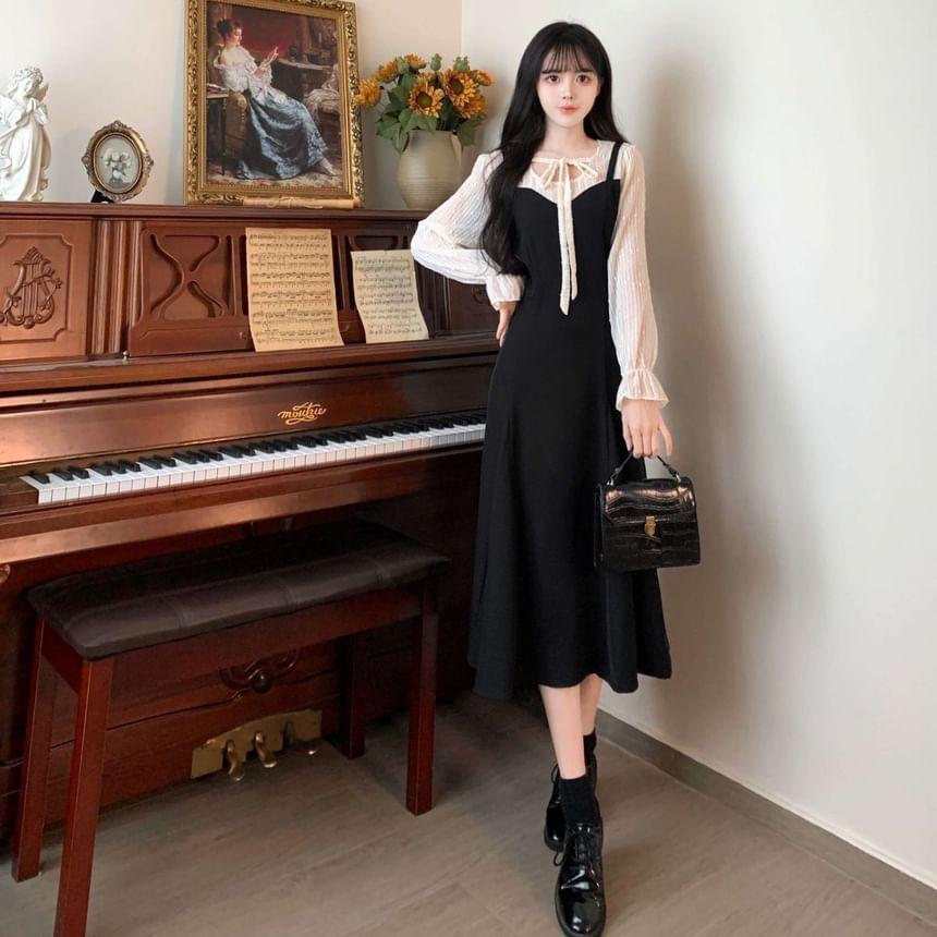 Long Sleeve Round Neck Mock Two Piece Tie Front Midi A-Line Dress Product Image