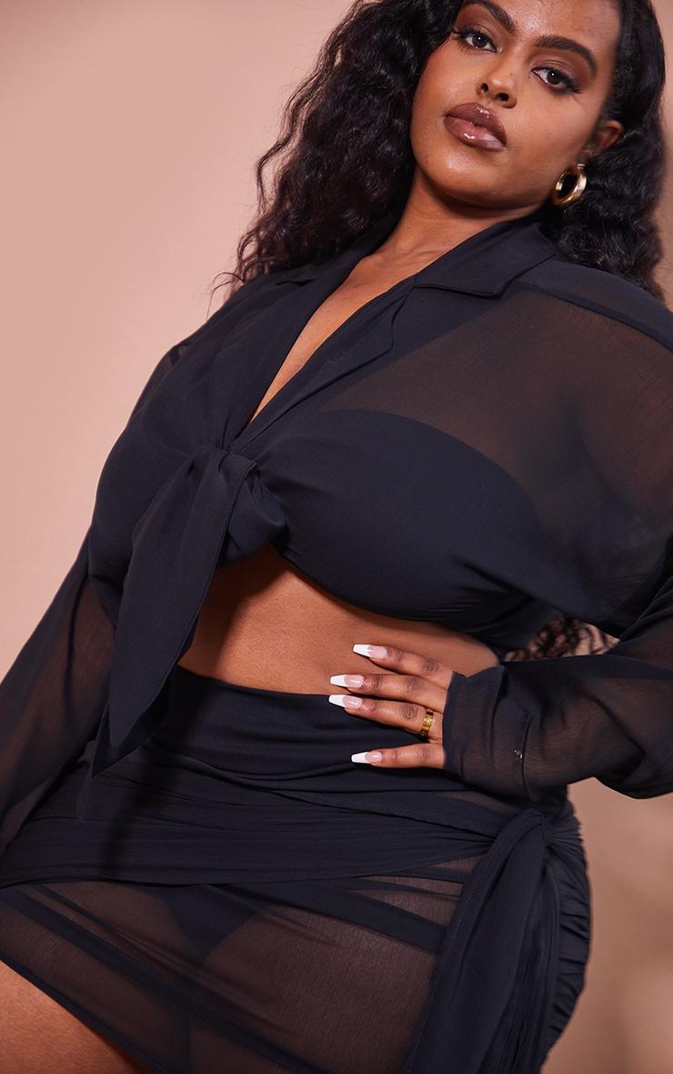 Plus Black Chiffon Tie Detail Beach Shirt Product Image
