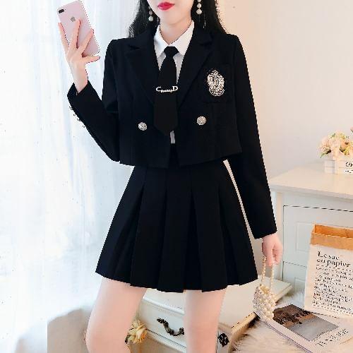 Plain Shirt / High Waist Pleated Mini A-Line Skirt / Embroidered Cropped Double-Breasted Blazer / Set Product Image