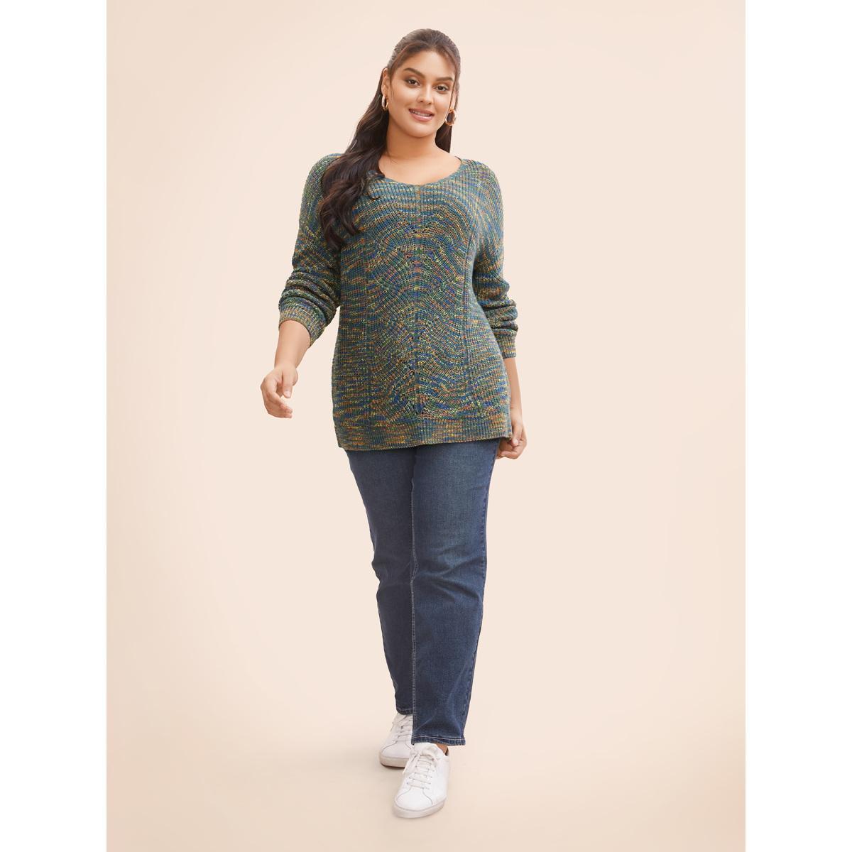 Plus Size V Neck Texture Heather Cable Knit Pullover Multicolor Women Casual Long Sleeve V-neck Everyday Pullovers BloomChic 28/5X Product Image