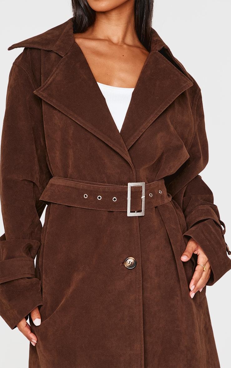 Petite Chocolate Faux Suede Belted Trench Coat Product Image