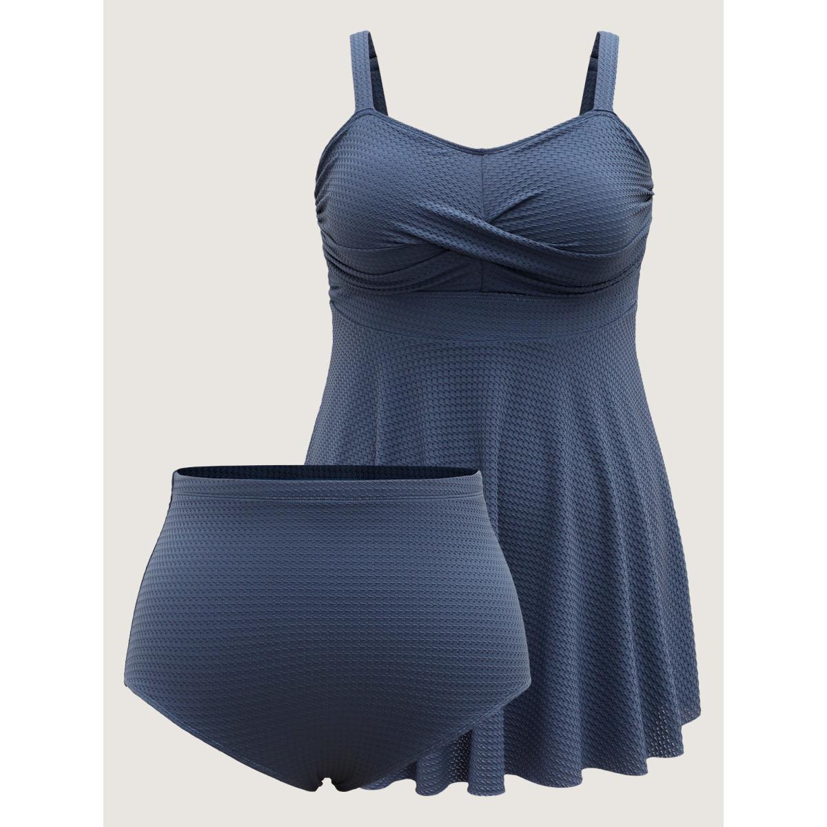 Plus Size Textured Twist Front Solid Swim Dress Women's Swimwear Indigo Beach Bodycon Heart neckline High stretch Curve Swim Dresses BloomChic 18-20/2X Product Image