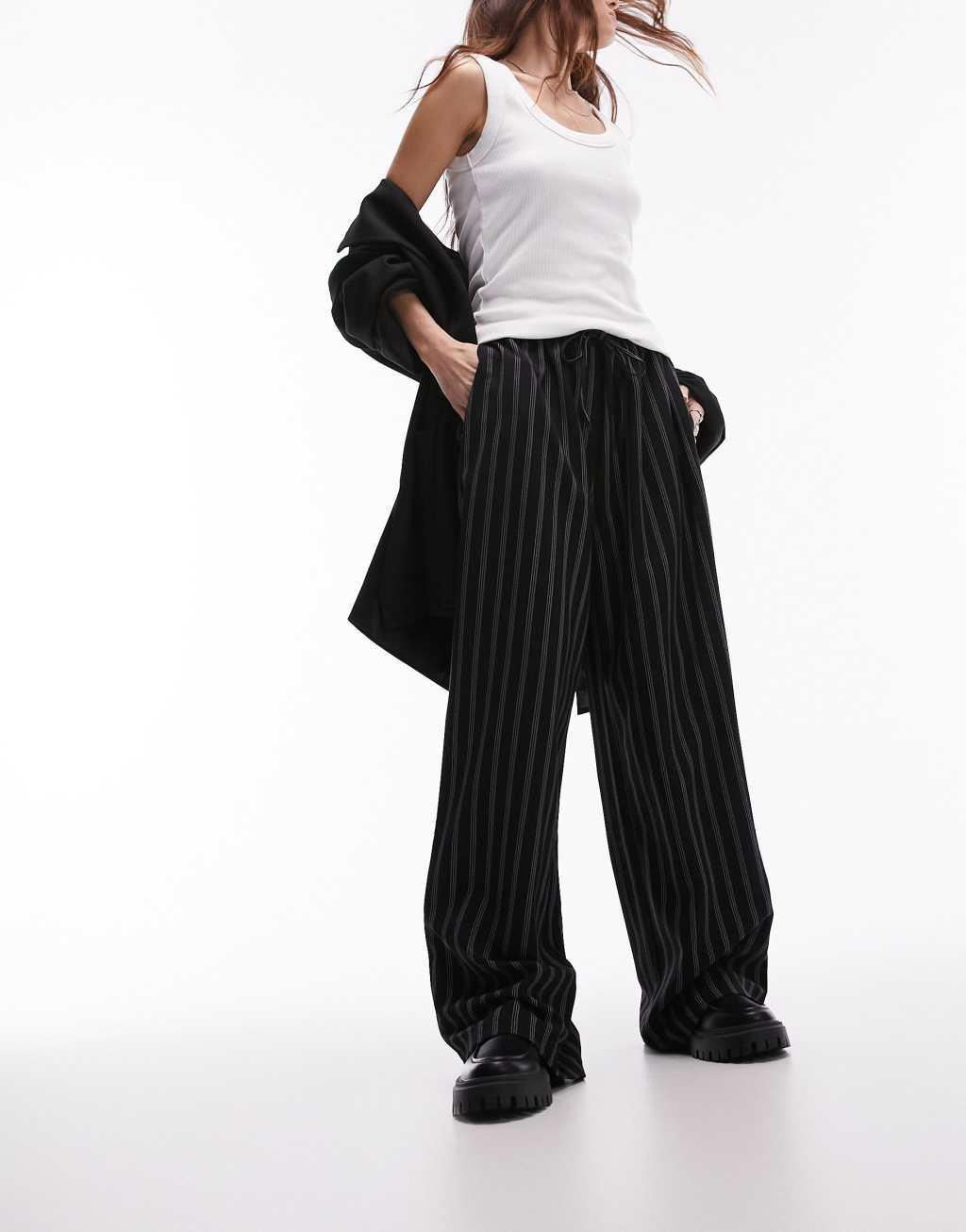 Topshop stripe draw cord waist wide leg sweatpants Product Image