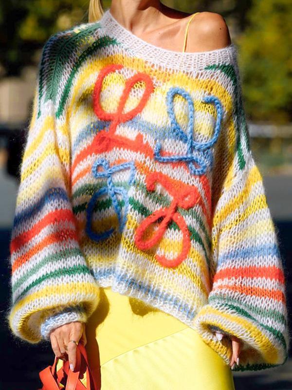 Rainbow Contrast Stripe Pullover Sweater Product Image