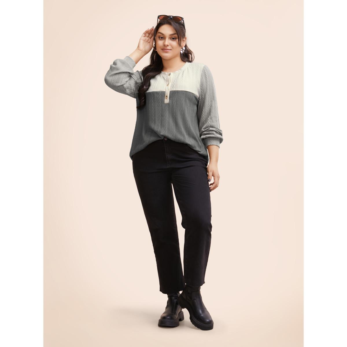 Plus Size Colorblock Contrast Textured Button Up T-shirt Mediumgray Women Casual Texture Round Neck Everyday T-shirts BloomChic 12/L Product Image