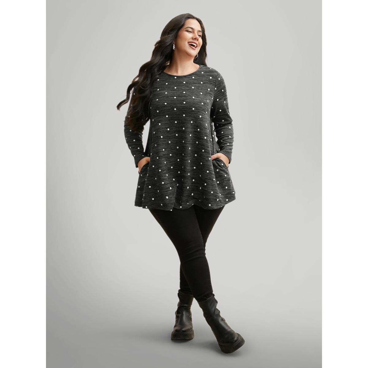 Plus Size Heather Polka Dot Pocket T-shirt DimGray Women Casual Non Round Neck Loose Everyday T-shirts BloomChic 10/M Product Image