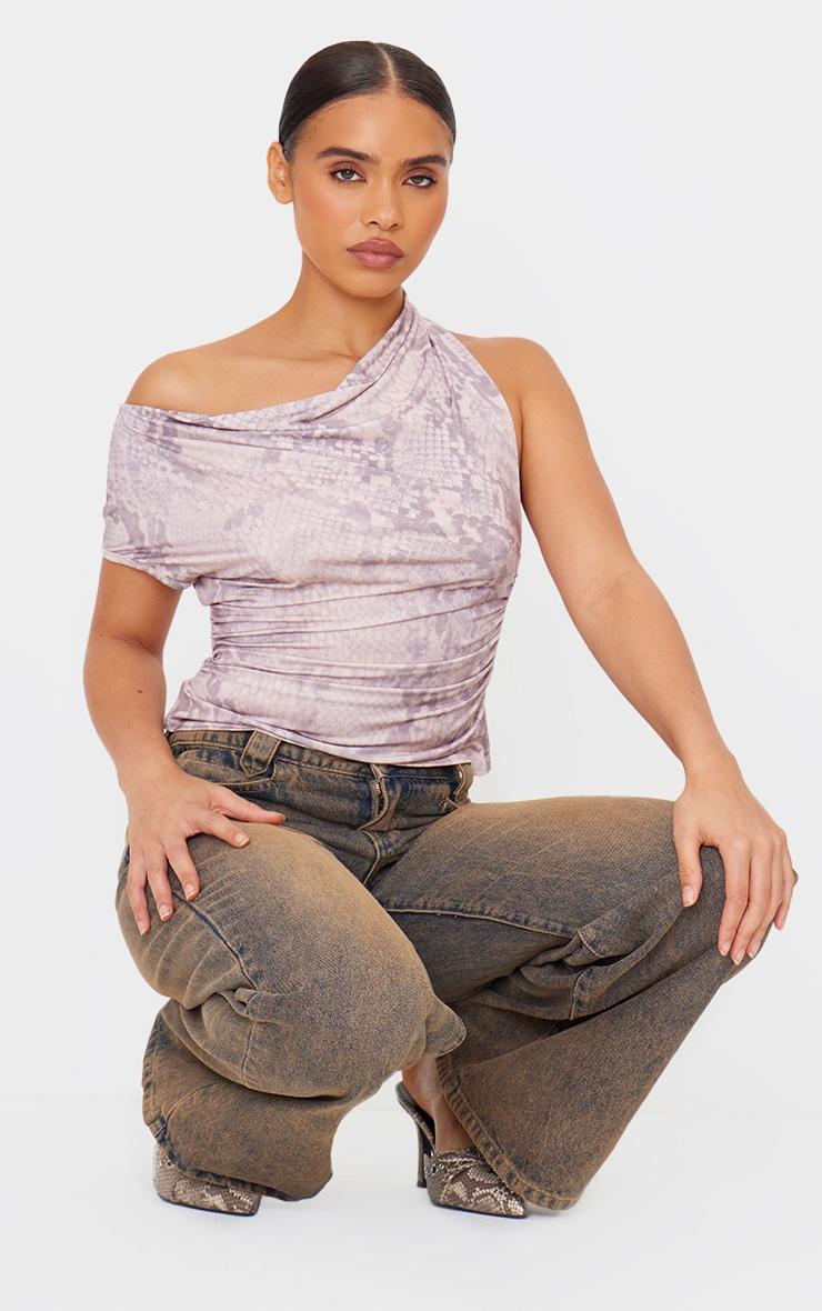 Brown Snake Print Slinky Backless Asymmetric Long Top Product Image