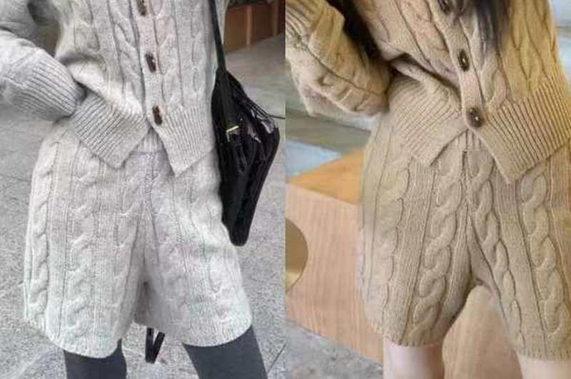 Set: Plain Collared Button-Up Cable Knit Cardigan + High Waist Shorts Product Image
