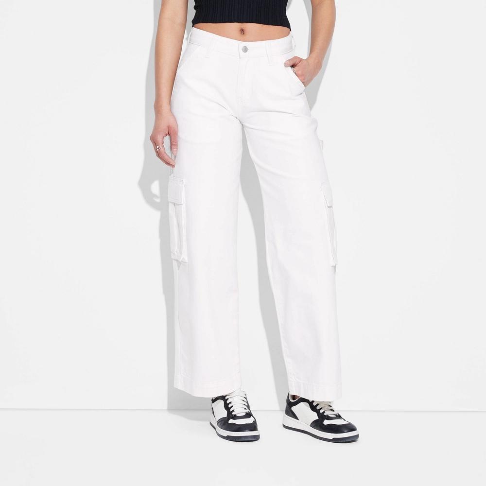 Women's Mid-Rise Wide Leg Cargo Baggy Jeans - Wild Fable™ White 00 Product Image
