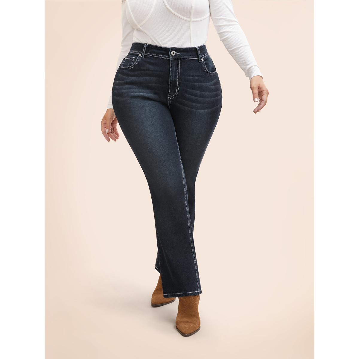Plus Size Stretch Denim Embroided Pockets Flare Jeans Women Darkindigo Casual Embroidered Medium stretch Slanted pocket Jeans BloomChic 12/L Product Image
