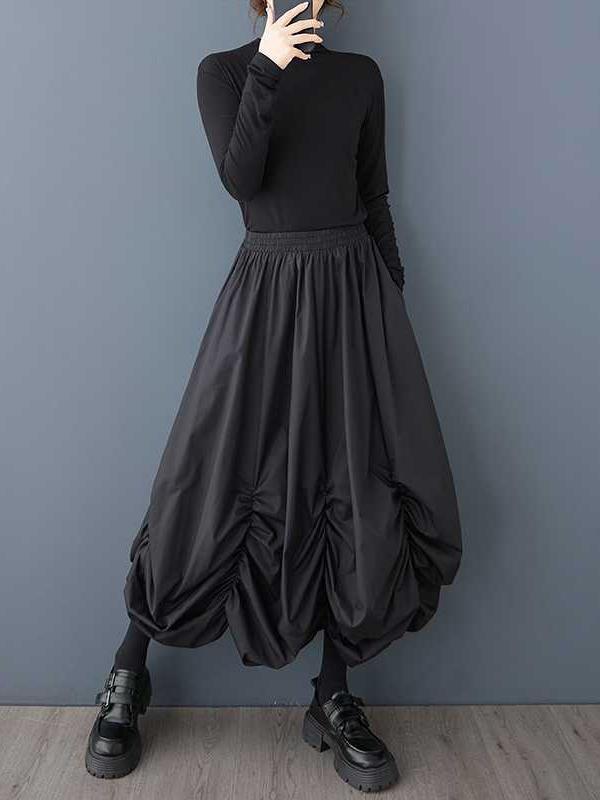 Loose Wide Leg Elasticity Pleated Pockets Solid Color Culotte Ninth Pants Product Image