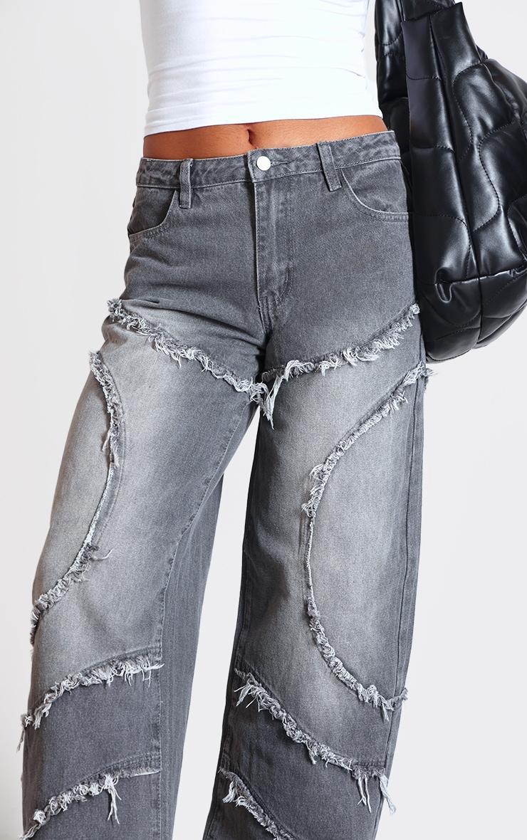 Dark Grey Washed Asymmetric Frayed Detail Mid Rise Straight Leg Jeans Product Image