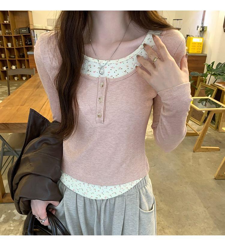 Long Sleeve Mock Two Piece Floral Print Color-Block Slim-Fit Crop Top Product Image