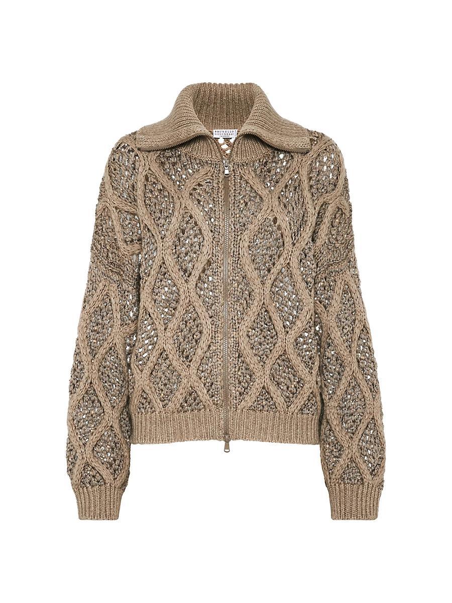 Womens Cashmere Feather Yarn Dazzling Net and Cable Cardigan Product Image